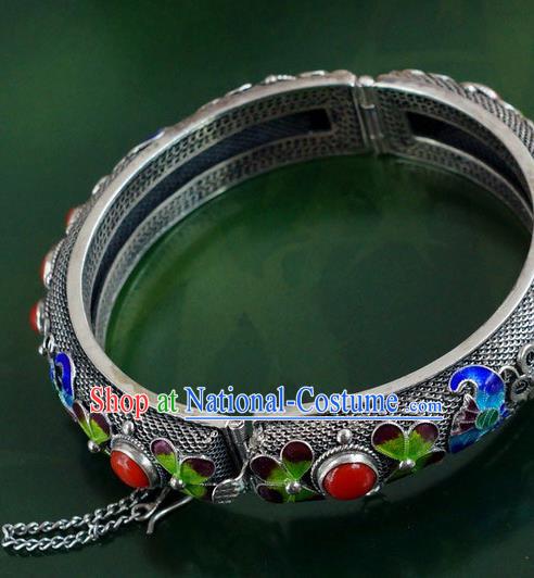 China Traditional Handmade Cloisonne Bat Bracelet National Silver Bangle Accessories