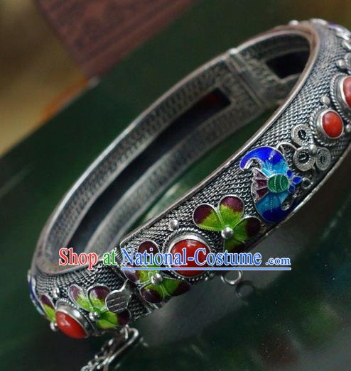 China Traditional Handmade Cloisonne Bat Bracelet National Silver Bangle Accessories