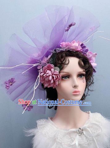 Europe Stage Show Princess Headwear Purple Veil Top Hat Handmade Noble Lady Wedding Hair Accessories