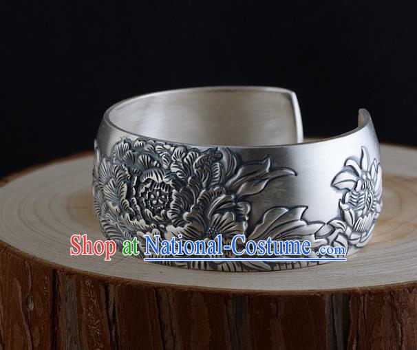 China Traditional National Bangle Accessories Carving Peony Silver Bracelet