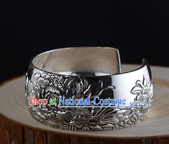 China Traditional National Bangle Accessories Carving Peony Silver Bracelet