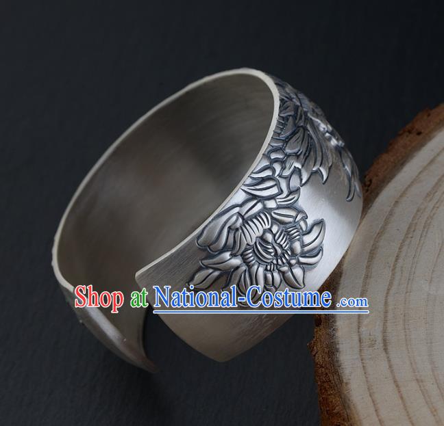 China Traditional National Bangle Accessories Carving Peony Silver Bracelet