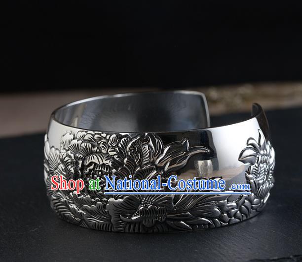 China Traditional National Bangle Accessories Carving Peony Silver Bracelet