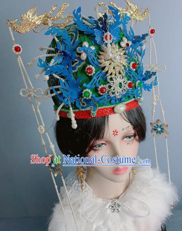 China Traditional Ming Dynasty Wedding Headwear Ancient Empress Green Phoenix Coronet Court Queen Luxury Hat