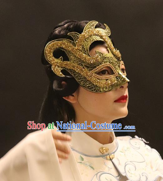 Top Grade Halloween Stage Performance Accessories Fancy Ball Cosplay Swordsman Golden Crystal Face Mask