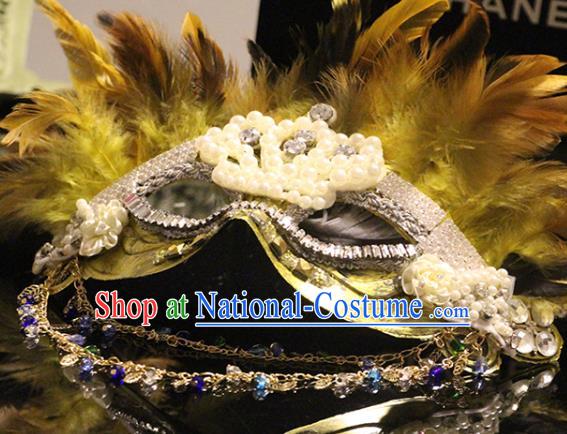 Top Stage Performance Yellow Feather Face Accessories Fancy Ball Decorations Halloween Cosplay Mask Crystal Blinder