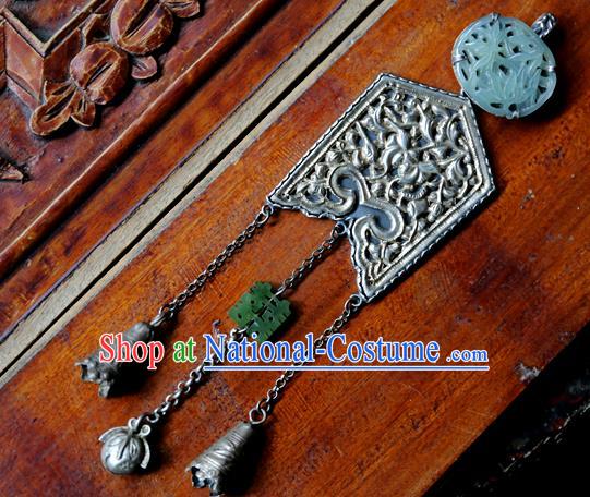 Handmade China Jade Carving Lotus Accessories Traditional Necklace Pendant National Women Silver Tassel Jewelry