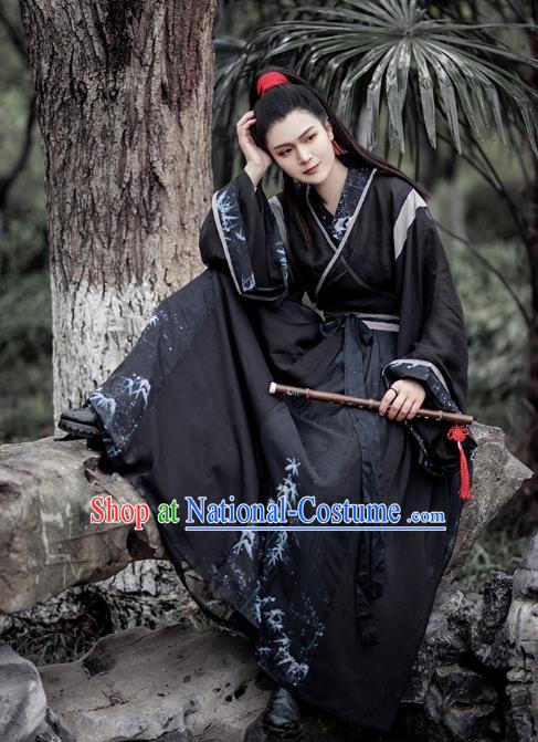 China Jin Dynasty Scholar Historical Clothing Traditional Hanfu Costume Ancient Swordsman Black Apparels for Men