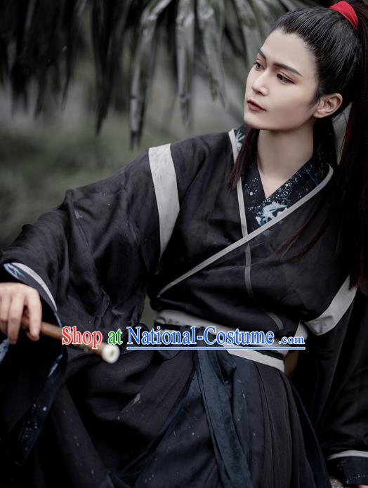 China Jin Dynasty Scholar Historical Clothing Traditional Hanfu Costume Ancient Swordsman Black Apparels for Men