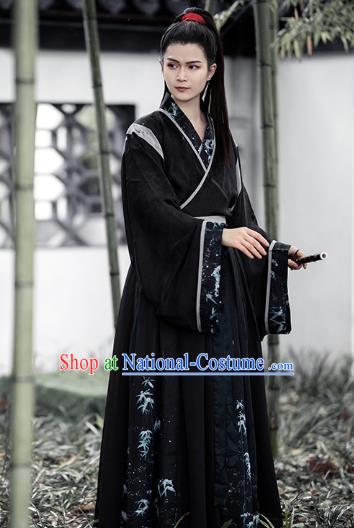 China Jin Dynasty Scholar Historical Clothing Traditional Hanfu Costume Ancient Swordsman Black Apparels for Men