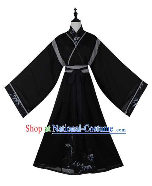 China Jin Dynasty Scholar Historical Clothing Traditional Hanfu Costume Ancient Swordsman Black Apparels for Men