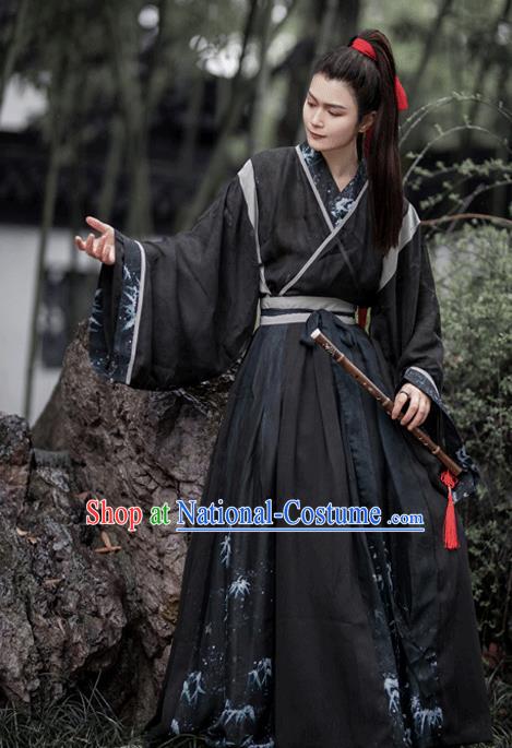 China Jin Dynasty Scholar Historical Clothing Traditional Hanfu Costume Ancient Swordsman Black Apparels for Men