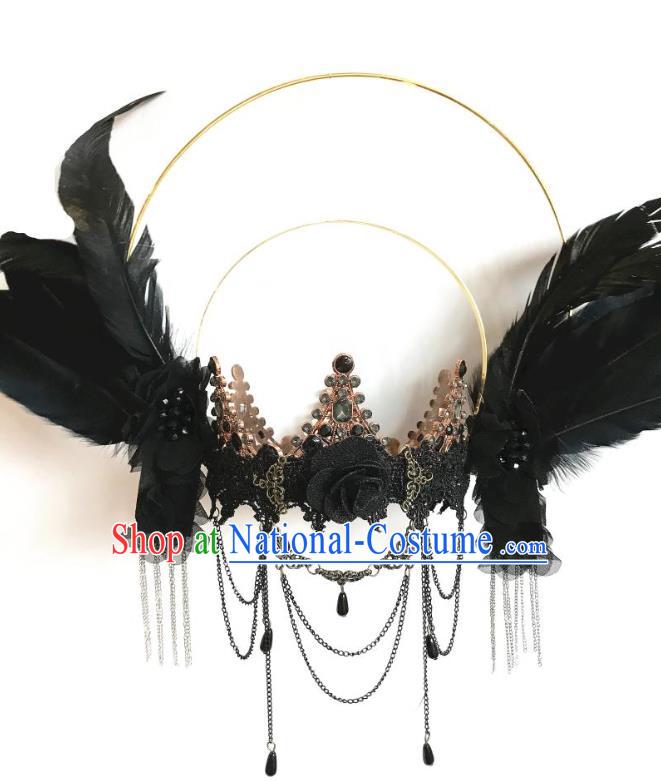 Handmade Brazilian Carnival Cosplay Goddess Queen Headwear Halloween Black Feather Wings Hair Accessories Stage Show Hair Clasp