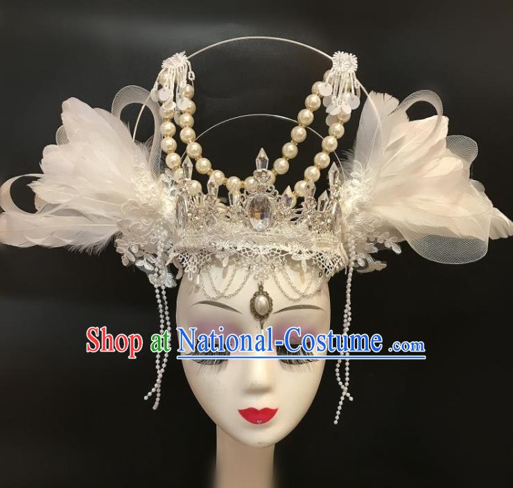 Handmade Cosplay Gothic Queen Royal Crown Stage Show Hair Clasp Halloween White Feather Wings Hair Accessories