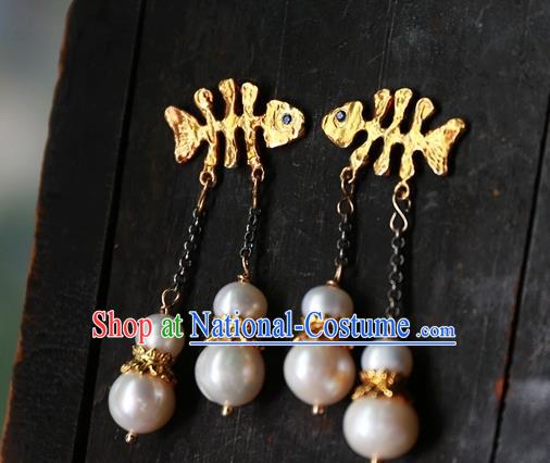 China Traditional Jewelry Handmade Ear Accessories National Golden Fishbone Earrings