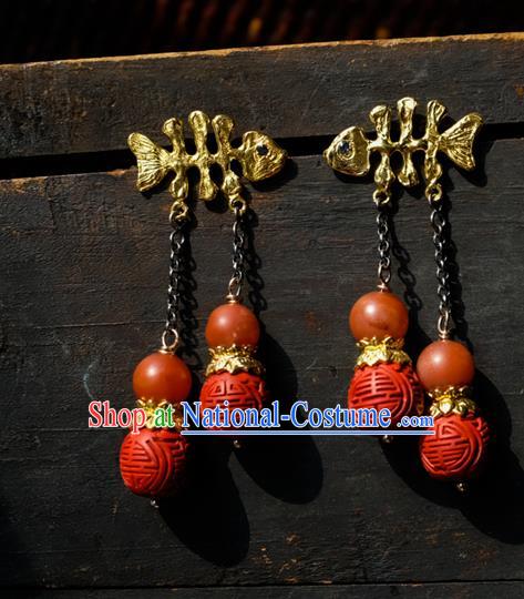 China Traditional Vermilion Carving Beads Jewelry Handmade Ear Accessories National Golden Fishbone Tassel Earrings