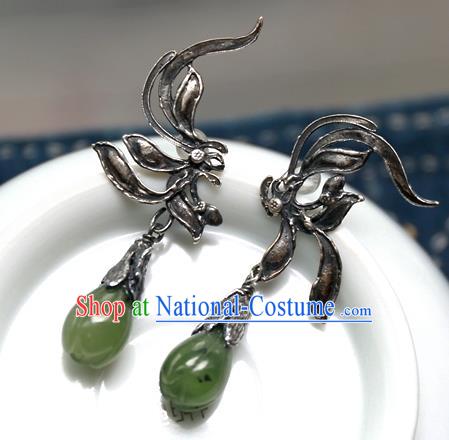 China Handmade Qing Dynasty Jade Mangnolia Ear Accessories Ancient Court Empress Earrings Traditional National Silver Jewelry