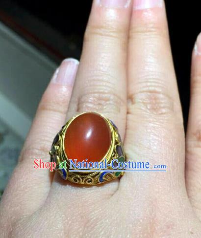 China Ancient Court Queen Agate Ring Traditional Qing Dynasty Cloisonne Jewelry Accessories