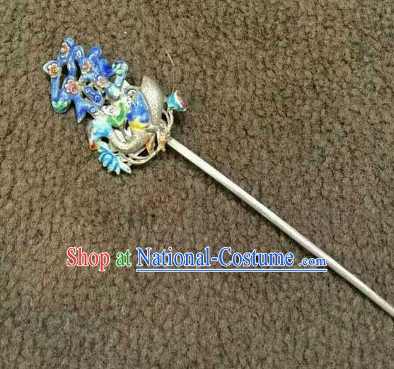 China Traditional Wedding Silver Duck Hairpin Handmade Hair Accessories National Cloisonne Lu Character Hair Stick