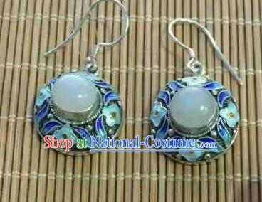 Handmade Chinese Qing Dynasty Cloisonne Earrings Jewelry Traditional Classical Cheongsam White Jade Ear Accessories