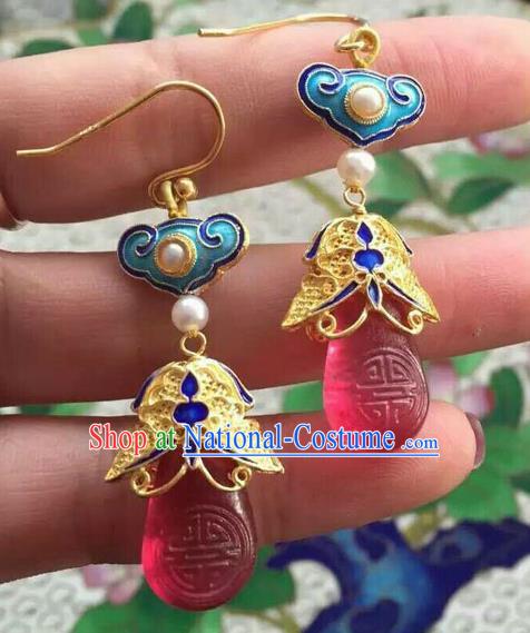 Handmade Chinese Ancient Palace Empress Ear Accessories Traditional Qing Dynasty Cloisonne Pearls Earrings Jewelry