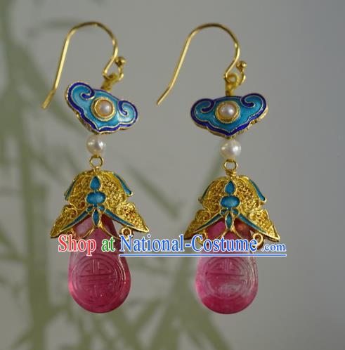 Handmade Chinese Ancient Palace Empress Ear Accessories Traditional Qing Dynasty Cloisonne Pearls Earrings Jewelry