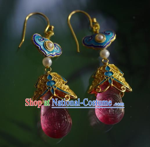 Handmade Chinese Ancient Palace Empress Ear Accessories Traditional Qing Dynasty Cloisonne Pearls Earrings Jewelry