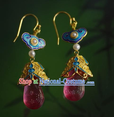 Handmade Chinese Ancient Palace Empress Ear Accessories Traditional Qing Dynasty Cloisonne Pearls Earrings Jewelry