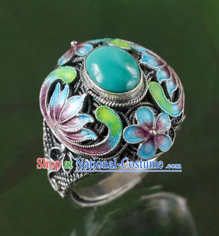 China Traditional Qing Dynasty Court Kallaite Jewelry Ancient Queen Cloisonne Lotus Ring Accessories