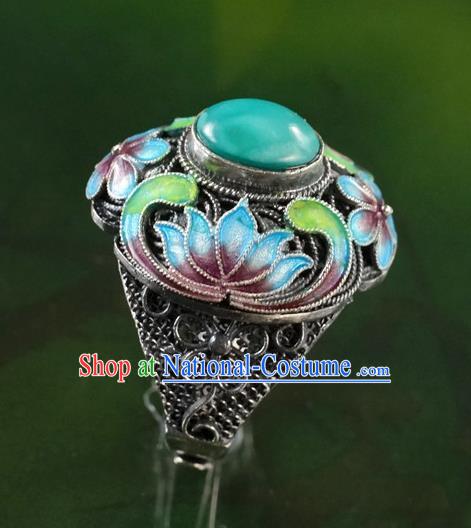 China Traditional Qing Dynasty Court Kallaite Jewelry Ancient Queen Cloisonne Lotus Ring Accessories