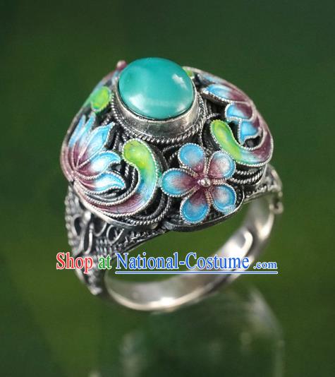 China Traditional Qing Dynasty Court Kallaite Jewelry Ancient Queen Cloisonne Lotus Ring Accessories