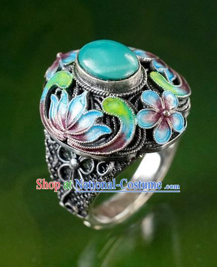 China Traditional Qing Dynasty Court Kallaite Jewelry Ancient Queen Cloisonne Lotus Ring Accessories