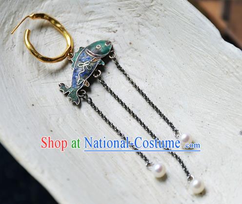 China Handmade Qing Dynasty Blueing Fish Ear Accessories Traditional National Jewelry Ancient Court Empress Pearls Tassel Earrings