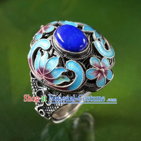 China Ancient Court Woman Lapis Jewelry Traditional Qing Dynasty Queen Cloisonne Ring Silver Accessories