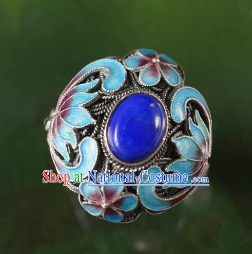 China Ancient Court Woman Lapis Jewelry Traditional Qing Dynasty Queen Cloisonne Ring Silver Accessories