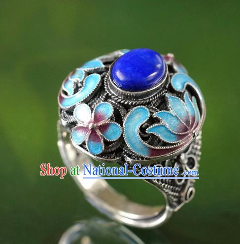 China Ancient Court Woman Lapis Jewelry Traditional Qing Dynasty Queen Cloisonne Ring Silver Accessories