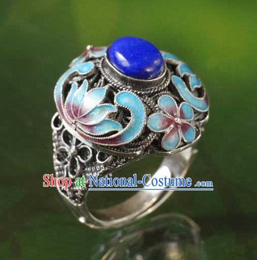 China Ancient Court Woman Lapis Jewelry Traditional Qing Dynasty Queen Cloisonne Ring Silver Accessories