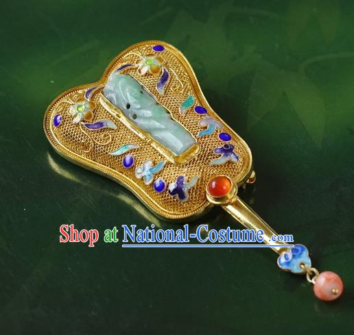 China Traditional Handmade Qing Dynasty Palace Golden Fan Brooch National Jade Breastpin Accessories