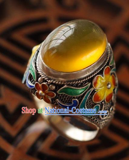 China Ancient Court Woman Opal Circlet Silver Jewelry Traditional Qing Dynasty Queen Enamel Plum Ring Accessories