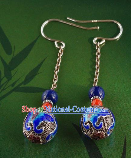 Handmade Chinese Ancient Empress Blueing Butterfly Ear Accessories Traditional Qing Dynasty Palace Silver Earrings Jewelry