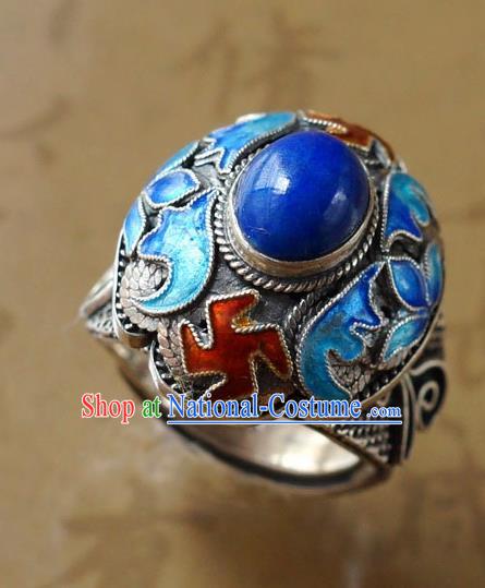 China Traditional Qing Dynasty Lapis Ring Accessories Ancient Court Woman Cloisonne Circlet Silver Jewelry