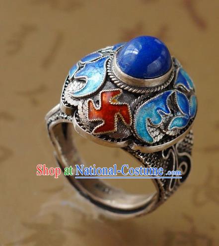 China Traditional Qing Dynasty Lapis Ring Accessories Ancient Court Woman Cloisonne Circlet Silver Jewelry