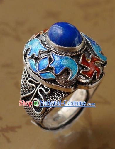 China Traditional Qing Dynasty Lapis Ring Accessories Ancient Court Woman Cloisonne Circlet Silver Jewelry