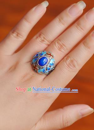 China Traditional Qing Dynasty Lapis Ring Accessories Ancient Court Woman Cloisonne Circlet Silver Jewelry