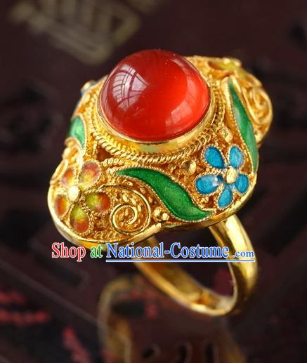 China Traditional Qing Dynasty Golden Ring Accessories Ancient Court Woman Carnelian Circlet Jewelry