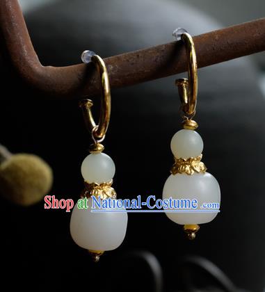 China Handmade Qing Dynasty Queen Ear Accessories National Court Earrings Traditional White Jade Jewelry