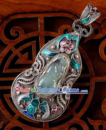 China Traditional Accessories Handmade Cloisonne Bat Necklace Pendant National Jade Gourd Silver Jewelry