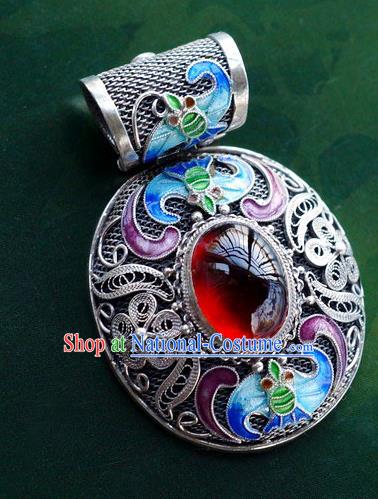 China Handmade Silver Necklace Pendant National Cloisonne Bat Jewelry Traditional Garnet Accessories