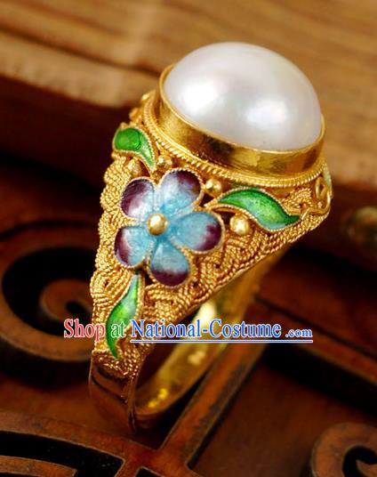 China Ancient Court Woman Golden Circlet Cloisonne Jewelry Traditional Qing Dynasty Pearl Ring Accessories