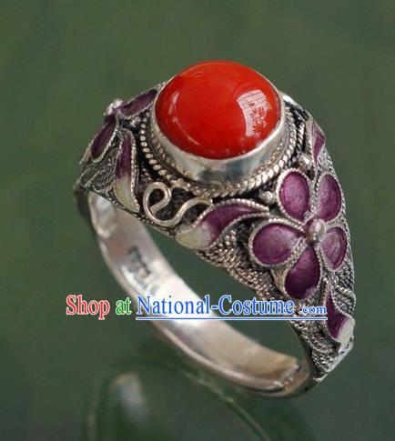 China Ancient Court Woman Cloisonne Purple Plum Circlet Silver Jewelry Traditional Qing Dynasty Ruby Ring Accessories